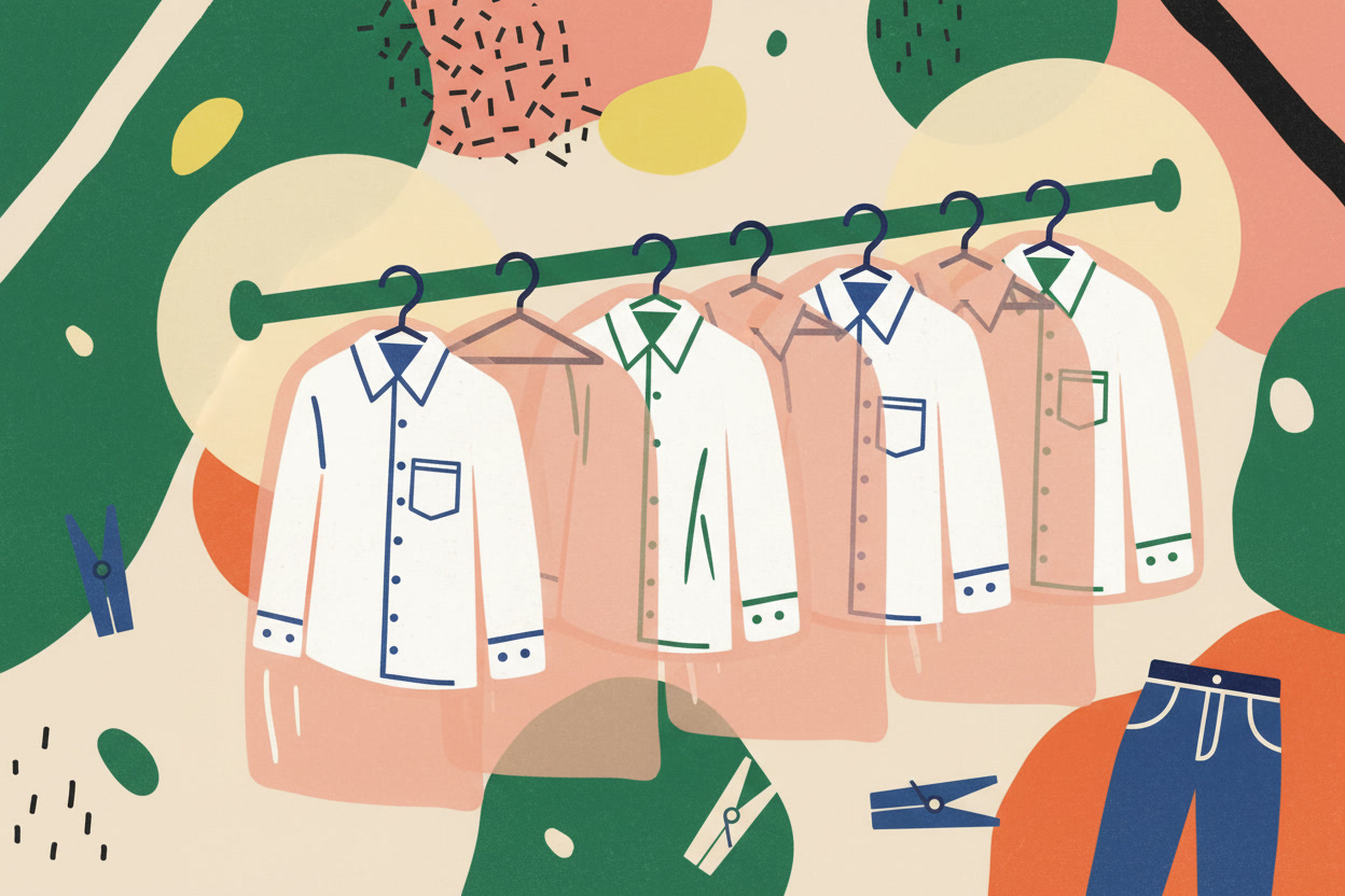 Freshly pressed shirts in translucent garment bags on a chrome rail